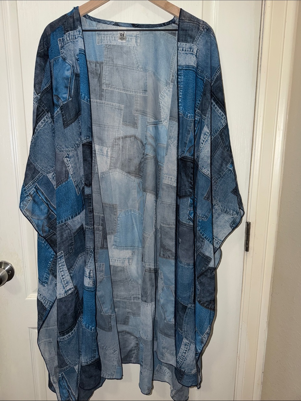 It’s Plus OS Blue Patchwork Denim-Print open, Kimono Duster NWOT $79